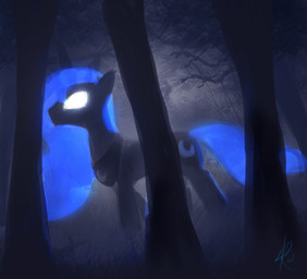 blue_hair cutie_mark dark detailed_background empty_eyes female feral forest glowing glowing_eyes hair horn jewelry moon necklace night outside plant quadruped solo tail tree white_eyes raikoh-illust friendship_is_magic hasbro my_little_pony mythology princess_luna_(mlp) equid equine mammal mythological_creature mythological_equine unicorn 2012