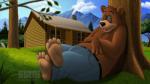 4_toes anthro barefoot barney_bear_(hanna-barbera) bear belly belt big_belly biped black_nose brown_body brown_fur cabin claws clothed clothing countershade_feet countershading dj-rodney feet fur hanna-barbera male mammal overweight overweight_anthro overweight_male paws plant sleeping solo toes tree window