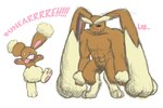 anthro black_sclera brown_body buckteeth duo ellipsis empty_eyes exclamation_point fangs frown hurrdurr male muscular pawpads simple_background sketchy teeth text tongue tongue_out white_background threadandclaws nintendo pokemon buneary generation_4_pokemon lagomorph lopunny mammal pokemon_(species) 2011 english_text hi_res