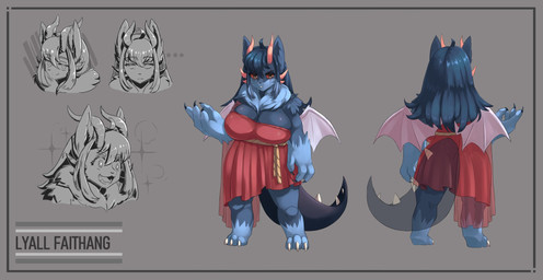 3_toes 4_fingers anthro big_breasts blue_body blue_ears blue_fur blue_hair blue_tail breasts claws cleavage clothed clothed_anthro clothed_female clothing dress ellipsis eyelashes feet female female_anthro finger_claws fingers front_view fur hair horn leg_markings markings membrane_(anatomy) membranous_wings mouth_closed multi-horn open_mouth open_smile rear_view red_clothing red_dress red_sclera short_stack smile socks_(marking) solo spiked_tail spikes spikes_(anatomy) standing tail toe_claws toes wings avocado_sama mklancer00 lyall_faithang canid canine canis demon mammal wolf 2023 digital_media_(artwork) full-length_portrait hi_res model_sheet portrait