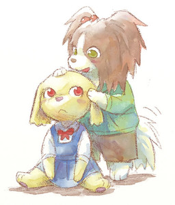 barefoot clothed clothing duo feet female female/female kemono open_mouth sitting sitting_on_ground namu_(nurui_cha) namu's_golden_retriever bird_dog canid canine canis domestic_dog golden_retriever hunting_dog mammal retriever low_res