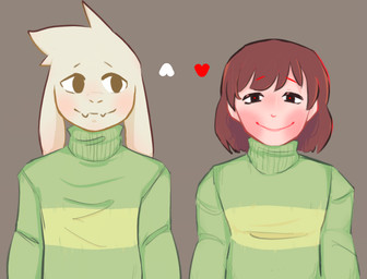 ambiguous_gender anthro clothing duo green_clothing green_sweater green_topwear heart_symbol looking_at_another looking_at_viewer male pattern_clothing pattern_sweater pattern_topwear striped_clothing striped_sweater striped_topwear stripes sweater topwear turtleneck nsfwbunniii undertale undertale_(series) asriel_dreemurr chara_(undertale) boss_monster_(undertale) bovid caprine human humanoid mammal adopted_(lore) adoptive_brother_(lore) adoptive_sibling_(lore)