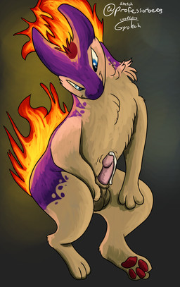 animal_genitalia balls blue_eyes bodily_fluids countershading cum feral fire genital_fluids genitals male markings mottled mottled_body paws penis purple_body quadruped red_markings sheath tan_body gyrotech professorbees nintendo pokemon blitz_(gyro) fan_character generation_2_pokemon pokemon_(species) quilava absurd_res hi_res