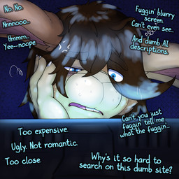 annoyed anthro blue_eyes brown_body brown_ears brown_fur brown_hair brown_nose brown_spots buckteeth computer cross-popping_vein drunk electronics eyebrows front_view fur hair half-closed_eyes hand_on_face hand_on_own_face inside laptop long_ears looking_at_computer looking_at_laptop looking_at_object male markings mismatched_ears multicolored_body multicolored_fur narrowed_eyes question_mark raised_eyebrow solo spots spotted_body spotted_fur substance_intoxication teeth text tired_eyes tongue two_tone_body two_tone_fur dasherslash ben_(dasherslash) hare lagomorph leporid mammal rabbit 1:1 2025 absurd_res digital_media_(artwork) english_text hi_res