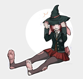 anthro blush blush_lines bottomwear buckteeth clothed clothing ear_growth eyelashes feet female fur growth hair hat headgear headwear hindpaw holding_clothing holding_hat holding_headgear holding_headwear holding_object human_to_anthro legwear looking_away magic magic_user paw_growth pawpads paws red_bottomwear red_clothing red_hair red_skirt simple_background skirt soles solo species_transformation tail tail_growth tail_tuft teeth text tights toes torn_clothing transformation tuft whiskers witch witch_hat lawaros danganronpa danganronpa_v3 spike_chunsoft himiko_yumeno lagomorph leporid mammal rabbit 2025 artist_name hi_res shaded signature watermark