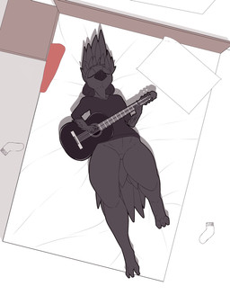acoustic_guitar anthro bed black_body bottomless bottomless_anthro bottomless_male clothed clothed_anthro clothed_male clothing eyes_closed furniture guitar guitarist hoodie inside lying male male_anthro musical_instrument on_back plucked_string_instrument simple_background solo string_instrument topwear chapaevv atlas_(chapaevv) avian bird corvid corvus_(genus) crow oscine passerine raven 2022 absurd_res digital_media_(artwork) hi_res