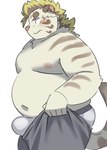 anthro belly big_belly blush bottomwear bulge clothing kemono male moobs navel nipples overweight overweight_male pants pink_nose pulling_up_pants side_view simple_background solo underwear white_background white_body ptcmtr lifewonders meme_clothing tight_pants_(meme) tokyo_afterschool_summoners licho_(tas) felid mammal pantherine tiger 2023 absurd_res hi_res meme