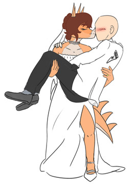 5_fingers anthro bald blush brown_hair carrying_another carrying_partner clothing digit_ring dress duo eyelashes female female_on_human fingers hair horn human_on_anthro interspecies jewelry kissing light-skinned_male light_body light_skin long_tail male male/female male_on_anthro multicolored_body multicolored_scales orange_body orange_scales ring scales simple_background snout spiked_tail spikes spikes_(anatomy) suit tail tan_body tan_scales two_tone_body two_tone_scales wedding_dress wedding_ring white_background jacket_ignites cavemanon_studios goodbye_volcano_high ko_op_(game_developer) snoot_game anon_(snoot_game) rosa_(gvh) aquilops ceratopsian dinosaur human mammal marginocephalian ornithischian prehistoric_species reptile scalie 2024 digital_drawing_(artwork) digital_media_(artwork) hi_res