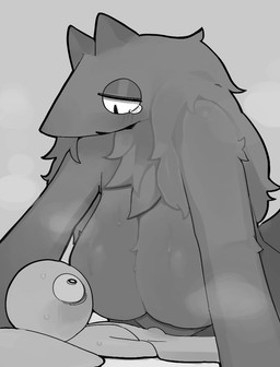 anthro bald bed big_breasts bodily_fluids breasts bulge eye_contact featureless_breasts female female_anthro female_on_top fur furniture glistening_eyelids hair hanging_breasts head_on_pillow huge_breasts larger_anthro larger_female long_hair looking_at_another looking_down looking_down_at_partner looking_up looking_up_at_partner lying male male/female male_human nude on_back on_bed on_pillow on_top pillow shocked simple_background size_difference smaller_anthro smaller_male solo sweat sweaty_breasts tears three-quarter_view under_covers white_sclera wide_eyed southway mythology wolf_(lnb) canid canine human mammal mythological_canine mythological_creature werecanid werecanine werecreature werewolf 2026 digital_drawing_(artwork) digital_media_(artwork) monochrome
