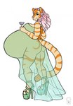 anthro belly big_belly clothed clothing eyelashes female footwear fur green_clothing green_eyes green_footwear green_high_heels hair high_heels huge_belly logo markings orange_markings pink_hair pink_nose platform_footwear platform_heels pregnant pregnant_anthro pregnant_female shoes simple_background solo standing striped_arms striped_legs striped_markings striped_tail stripes tail tail_markings translucent translucent_clothing white_background yellow_body yellow_fur milk-jug dollie_(spyingredfox) felid mammal pantherine tiger 2021 artist_logo colored digital_drawing_(artwork) digital_media_(artwork) english_description hi_res