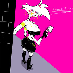 condom femboy male sexual_barrier_device solo street_corner aptom7747 hazbin_hotel hellaverse angel_dust arachnid arthropod humanoid spider 1:1 absurd_res hi_res