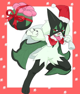 3_fingers 3_toes ambiguous_gender anthro christmas_clothing christmas_headwear claws clothing feet finger_claws fingers flower_(anatomy) flower_trick fur green_body green_fur hat headgear headwear holidays jagged_mouth mask open_mouth pink_nose red_eyes sack santa_hat solo toes ylit christmas nintendo pokemon generation_9_pokemon meowscarada pokemon_(species)
