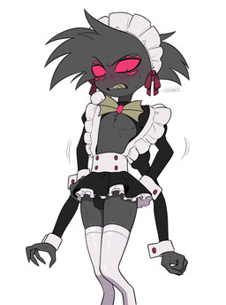 4_arms black_clothing blush bodily_fluids bulge clothed clothing crossdressing_male femboy legwear maid_headdress maid_uniform male multi_arm multi_eye multi_limb pose simple_background sweat uniform white_background white_clothing enaic31 hazbin_hotel hellaverse arackniss_(hazbin_hotel) arachnid arthropod demon humanoid spider absurd_res hi_res portrait