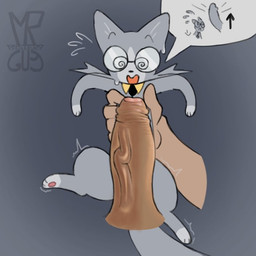 ambiguous_feral ambiguous_gender bestiality big_penis biped bipedal_feral duo eyewear feral foreskin fur genitals glasses grey_background grey_body grey_fur holding_torso huge_penis human_on_feral humanoid_genitalia humanoid_penis imminent_bestiality imminent_sex interspecies male male/ambiguous male_on_feral necktie paws penis simple_background size_difference smaller_ambiguous speech_bubble spiral_glasses surprised mrmystery_guy cashback_cat_(pondis) domestic_cat felid feline felis human mammal 1:1 colored
