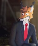 anthro brown_body brown_fur clothing ear_tuft fur grey_body grey_fur hair inner_ear_fluff looking_aside male necktie neutral_expression short_hair solo suit tuft white_body white_fur phol dimisti_(character) canid canine fox mammal absurd_res hi_res