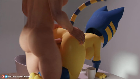 all_fours anal anal_penetration anthro anthro_penetrated armor bangs blue_ears blue_hair bob_cut bouncing_breasts bouncing_butt breasts butt clothing doggystyle duo erection female female_focus female_on_human female_penetrated from_behind_position genitals hair human_on_anthro human_penetrating human_penetrating_anthro interspecies legwear legwear_only male male/female male_on_anthro male_penetrating male_penetrating_female markings nipples nude penetration penile penile_penetration penis penis_in_ass platform_standing_doggystyle sex solo_focus standing_doggystyle striped_markings striped_tail stripes tail tail_markings uraeus vambrace vambraces_only yellow_body oatmealpecheneg hazeker_(modeler) animal_crossing nintendo ankha_(animal_crossing) domestic_cat felid feline felis human mammal 16:9 3d_(artwork) 3d_animation animated digital_media_(artwork) hi_res loop short_playtime sound video widescreen