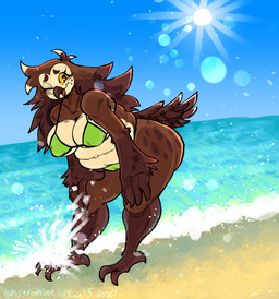 anthro beach beak big_breasts bikini bikini_bottom bikini_top blue_sky breasts brown_body brown_fur brown_hair butt cartoon_freckles clothing deep_navel eyelashes female freckled_butt freckled_face freckled_hips freckles fur green_bikini green_clothing green_swimwear hair lens_flare long_eyelashes navel nipple_outline nipples non-mammal_breasts non-mammal_navel non-mammal_nipples overweight overweight_anthro overweight_female sand sky solo sunny swimwear thick_thighs two-piece_swimsuit water_splashes wings yellow_eyes yanisp5 marlene_(crumbleferret) avian bird owl absurd_res hi_res