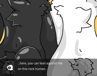 anthro black_body black_fur duo fur latex liquid_latex male male/male romantic romantic_ambiance romantic_couple sitting sunset text white_body white_fur fallonheels changed_(video_game) colin_(changed) lin_(changed) puro puro_(changed) english_text