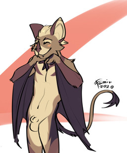 abstract_background animal_genitalia anthro balls black_wings blush brown_body brown_ears brown_fur brown_nose closed_smile eyes_closed fangs front_view fully_sheathed fur genitals happy male membrane_(anatomy) membranous_wings mouth_closed navel nude sheath smile solo standing tail tan_balls tan_body tan_fur tan_sheath teeth wings famir rory_balton bat mammal 2020 dated hi_res portrait signature three-quarter_portrait