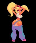 anthro blonde_hair breasts butt clothed clothing female genitals green_eyes hair ineffective_clothing low-riding no_underwear overalls ponytail pussy rear_view jdwalkrat activision crash_bandicoot_(series) coco_bandicoot bandicoot mammal marsupial alpha_channel hi_res