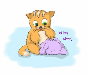 ambiguous_feral ambiguous_gender animal_noises chirping claws countershade_torso countershading dipstick_tail duo eyes_closed feral fur green_eyes looking_at_another lying markings monotone_body monotone_fur neonate on_front paws purple_body purple_fur simple_background sitting sleeping tail tail_markings text tongue tongue_out whiskers white_tail_tip yellow_body yellow_fur young young_ambiguous young_feral carpdime fluffy_pony domestic_cat felid feline felis fluffy_pony_(species) mammal digital_media_(artwork) english_text shaded
