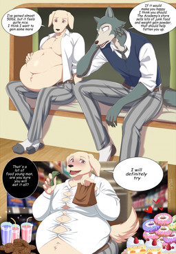 anthro belly big_belly blush dialogue duo food fur grey_body grey_fur male morbidly_obese obese overweight overweight_male stuffing tan_body tan_fur text weight_gain tommysamash beastars jack_(beastars) legoshi_(beastars) canid canine canis domestic_dog mammal wolf absurd_res comic hi_res