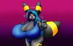 anthro big_breasts blush bodily_fluids breasts cleavage clothed clothing eyeshadow female huge_breasts hyper hyper_breasts makeup nipple_outline solo sweat sweatdrop wide_hipped_female wide_hips luigi-vaporeon nintendo pokemon aithra_(luigi-vaporeon) eeveelution generation_2_pokemon pokemon_(species) umbreon