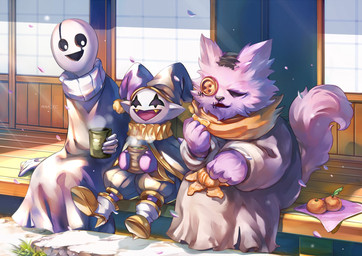 ambiguous_gender anthro beverage bone button_(fastener) button_eyes cherry_blossom clothed clothing container cup flower food fruit fur group humanoid_pointy_ears male orange_(fruit) plant plushie pointy_ears prunus_(flower) purple_body purple_fur rock scar sewn_mouth skeleton tea trio maa deltarune undertale undertale_(series) gaster jevil_(deltarune) seam_(deltarune) animate_inanimate animated_skeleton darkner domestic_cat felid feline felis humanoid imp living_plushie mammal undead 2019 hi_res
