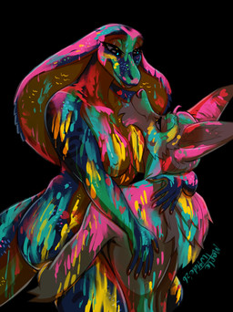 anthro blacklight blue_body blue_eyes blue_scales bodypaint breasts colored_nails duo female hug hugging_another lifting male multicolored_body multicolored_scales nails non-mammal_breasts nude nude_female nude_male orange_eyes paint scales simple_background smile smiley_face smiling_at_another smiling_at_partner snake_hood squish squishy_body tail thick_thighs three-quarter_view two_tone_body two_tone_scales two_toned_body wide_hips yellow_body yellow_scales maple_wilde shen_(zummeng) zaphira_(zummeng) canid canine fennec_fox fox mammal reptile scalie snake true_fox absurd_res hi_res