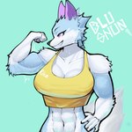 abs anthro biceps big_breasts bodily_fluids breasts cleavage clothed clothing crop_top female flexing flexing_bicep grin hand_on_hip muscular muscular_female purple_eyes shirt smile solo sweat tail tank_top topwear blu_shun canid canine canis mammal wolf 1:1 hi_res watermark