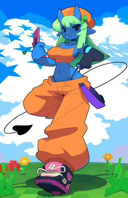 2_horns 5_fingers armwear beanie big_breasts blue_body blue_ears blue_horn blue_skin bottomwear breasts cellphone cleavage clothed clothed_female clothed_humanoid clothing clothing_pull cloud crop_top day electronics eyebrow_through_hair eyebrows female female_humanoid fingers flip_phone flower footwear front_view green_eyebrows green_hair hair hat head_horn headgear headwear holding_cellphone holding_object holding_phone horn humanoid_pointy_ears navel not_furry orange_beanie orange_bottomwear orange_clothing orange_crop_top orange_hat orange_headwear orange_pants orange_shirt orange_topwear outside oversized_bottomwear oversized_clothing oversized_pants pants phone plant pointy_ears shirt shoelaces shoes sky small_waist solo spade_tail star_polygon tail thong thong_pull thong_straps topwear translucent translucent_hair underwear underwear_pull white_shoelaces bacun microsoft minecraft mojang xbox_game_studios azul_(bacun) demon demon_humanoid horned_humanoid humanoid tailed_humanoid 2024 absurd_res digital_media_(artwork) full-length_portrait hi_res portrait