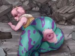 anus ashido_mina big_butt black_sclera blush bodily_fluids bodysuit breasts butt clothing eyelashes female genitals green_bodysuit green_clothing green_skinsuit hair hi_res horn horned_humanoid huge_butt humanoid looking_at_viewer looking_back looking_back_at_viewer lying my_hero_academia on_front open_mouth pattern_bodysuit pattern_clothing pink_anus pink_body pink_hair pussy quqii rear_view rubble short_hair skinsuit solo sweat sweatdrop thick_thighs tight_clothing topwear torn_bodysuit wide_hips yellow_clothing yellow_eyes yellow_horn yellow_topwear
