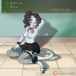 anthro bare_chest breasts chalk chalkboard clothed clothing female floor hands_behind_back inside looking_at_viewer nipples no_bra pink_nipples school school_uniform small_breasts smile smiling_at_viewer solo tile tile_floor topless topless_anthro topless_female uniform el-gallo nery domestic_cat felid feline felis mammal 1:1 hi_res