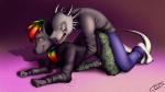 all_fours anthro barefoot black_body black_fur clothed clothed_sex clothing duo feet fur grey_body grey_scales hair half-closed_eyes horn interspecies kneeling male male/male multicolored_hair narrowed_eyes open_mouth rainbow_hair scales seductive sex sharp_teeth simple_background smile tail teeth tongue coszcatl mythology canid canine dragon mammal mythological_creature mythological_scalie scalie 16:9 2013 digital_media_(artwork) widescreen