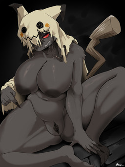 anthro areola big_breasts big_butt biped black_areola black_body black_clitoral_hood black_clitoris black_fur black_hair black_nipples black_vulva bodily_fluids breasts butt butt_from_the_front clitoral_hood clitoris clothed clothing detailed_vulva drooling female front_view fur genitals hair hoodie huge_breasts ineffective_clothing inverted_nipples kemono mostly_nude nipples nude pokemorph red_eyes saliva sharp_teeth sitting slightly_chubby solo spread_legs spreading tail teeth topwear urethra vulva taphris nintendo pokemon generation_7_pokemon mimikyu pokemon_(species) 3:4 absurd_res hi_res