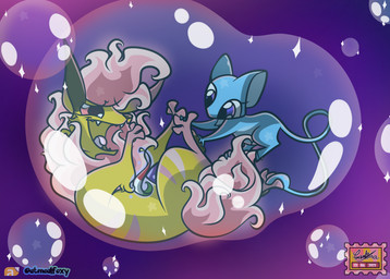 abstract_background blue_body blue_skin bubble duo fangs feet female feral foot_fetish fur in_bubble laugh pink_body pink_fur stamp teeth tickle_torture tickling tickling_feet yellow_body yellow_fur oatmealgoat nintendo pokemon eeveelution flareon generation_1_pokemon legendary_pokemon mew_(pokemon) pokemon_(species) shiny_pokemon hi_res