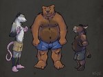 anthro belly big_belly black_nose bottomwear brown_body brown_fur clothing fur grey_body grey_fur group humanoid_hands male moobs nipples overweight overweight_male pink_nose shorts simple_background tail k-9 barry_the_pizza_bear american_opossum asinus bear donkey equid equine mammal marsupial 2018 hi_res