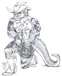 anthro boots clothing cowboy footwear fur_ridge hat headgear headwear horn lariat lasso male muscular rope shoes solo tail tattoo tatts western thehuntingwolf mythology dragon mythological_creature mythological_scalie reptile scalie absurd_res hi_res sketch