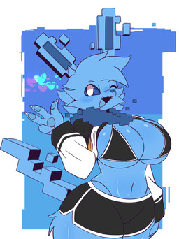 4_fingers anthro big_breasts blue_background blue_body blue_ears blue_fur blue_hair blue_inner_ear blue_mouth blue_pawpads blue_sclera blue_tail blue_tongue blush blush_lines bottomwear breasts claws clothed clothing fangs female fingers fur glitch_effect hair heart_symbol hoodie looking_at_viewer mane navel one_eye_closed open_mouth pawpads raised_clothing raised_hoodie raised_topwear shorts simple_background small_waist solo tail teeth thick_thighs tongue topwear tuft white_background white_eyes wide_hips oreon_smol nintendo pokemon shockwave_(liquafusion) eeveelution generation_1_pokemon jolteon pokemon_(species) 2026 absurd_res hi_res