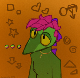 anthro directional_arrow gender_symbol gender_symbol_penetration green_arms green_body green_chest green_eyelids green_face hair half-closed_eyes heart_symbol lewd_symbolism looking_up male male_symbol male_symbol_penetration narrowed_eyes nipples orange_background penis_shadow pink_hair pointy_nose purple_spikes simple_background solo star_symbol swirl_pattern symbol trouble_(artist) reptile scalie adversarial_noise digital_media_(artwork)