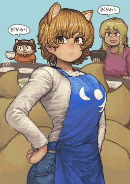 :3 amber_eyes apron blonde_hair blue_apron blue_bottomwear blue_clothing blue_jeans blue_pants bodily_fluids bottomwear brown_hair chibi clothed clothed_female clothed_humanoid clothing denim denim_bottomwear denim_clothing female frown furniture group hair hands_on_hips jeans multi_tail pants purple_clothing purple_shirt purple_topwear red_clothing red_eyes red_shirt red_topwear shirt solo_focus speech_bubble sweat sweatdrop table tail text topwear trio white_clothing white_shirt white_topwear chanta touhou chen_(touhou) ran_yakumo yukari_yakumo animal_humanoid canid canid_humanoid canine canine_humanoid cat_humanoid felid felid_humanoid feline feline_humanoid fox_humanoid human humanoid mammal mammal_humanoid absurd_res hi_res japanese_text
