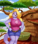 big_breasts blonde_hair bottomwear breasts clothed clothing cosplay detailed_background female hair overweight overweight_female parody pose shorts slightly_chubby smile smiling_at_viewer solo thick_thighs tight_clothing wide_hips peterandwhitney activision crash_bandicoot_(series) tawna_bandicoot whitney_(pnc) domestic_cat felid feline felis mammal hi_res pinup