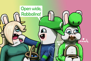 anthro arms_bent backwards_hat bangs basket blue_clothing blue_eyes blue_jacket blue_shirt blue_topwear breasts buckteeth candy chocolate chocolate_egg chocolate_on_face clothed clothed_anthro clothed_female clothed_male clothing container derp_eyes dessert dialogue ear_piercing easter_basket easter_egg egg feeding feeding_another female food fur gradient_background green_clothing green_hat green_headwear green_outfit green_shirt green_tail green_topwear group hair hair_over_eye half-closed_eyes hat headgear headwear hearts_around_body holding_chocolate_egg holding_easter_basket holidays jacket light logo long_ears long_hair looking_at_another male medium_breasts messy_eater mitten_hands multicolored_body multicolored_clothing multicolored_topwear narrowed_eyes nickname no_eyebrows onomatopoeia open_clothing open_jacket open_mouth open_smile open_topwear overweight overweight_anthro piercing puffed_cheeks red_tongue shirt simple_background smile smiling_at_another sound_effects speech_bubble star_ear_piercing tail tan_body tan_eyelids tan_inner_ear tan_skin teeth text tongue topwear trio two_tone_body two_tone_clothing two_tone_jacket two_tone_topwear white_body white_fur skywater easter mario_bros mario_plus_rabbids_kingdom_battle mario_plus_rabbids_sparks_of_hope nintendo raving_rabbids rayman_(series) ubisoft rabbid_luigi rabbid_rosalina rabbid_yoshi lagomorph mammal rabbid 2026 3:2 adobe_photoshop_(artwork) artist_logo colored crossover digital_drawing_(artwork) digital_media_(artwork) english_description english_text hi_res lighting shaded