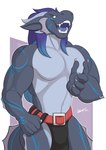 anthro belt blue_eyes bottomwear clothed clothing grey_body grey_scales hair loincloth looking_at_viewer male muscular open_mouth purple_hair purple_tongue scales simple_background solo tail tongue spinal22 mythology finn_(phantomfin) dragon mythological_creature mythological_scalie scalie hi_res