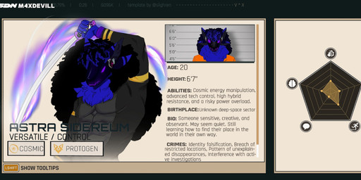 4_ears anthro clothed clothing fur katana lore machine male melee_weapon multi_ear prison_uniform prisoner solo stats sword text weapon m4xdevil dispatch astra_sidereum protogen english_text hi_res