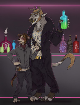 adolescent adult_on_adolescent age_difference alcohol anthro assisted_undressing bar beverage biped blush bottle bottomwear bottomwear_down clothed clothing container digitigrade drunk duo feet fingers fur furniture hair holding_bottle holding_container holding_object hoodie horn male male_anthro open_mouth pants pants_down partially_clothed smile substance_intoxication tail teeth toes topwear young young_anthro young_male hirofence bovid bovine canid canine canis cattle domestic_dog mammal digital_media_(artwork) hi_res
