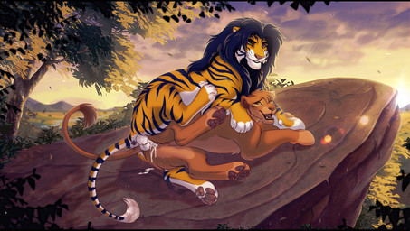 balls claws duo female female_penetrated feral feral_on_feral fur genitals grass green_eyes male male/female male_penetrating male_penetrating_female mane multicolored_body multicolored_fur multicolored_tail orange_body orange_fur orange_tail penetration plant sex tail nevvia disney microsoft the_elder_scrolls the_lion_king kovu_muabdib felid hybrid khajiit liger lion mammal pantherine tiger hi_res