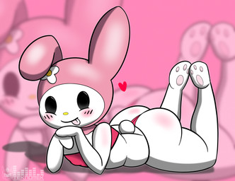 anthro black_eyes blush clothing female flower headgear headwear hood looking_at_viewer one_ear_up pawpads pink_clothing pink_hood plant simple_eyes solo swimwear tongue tongue_out white_body teknomekanoid onegai_my_melody sanrio my_melody hi_res
