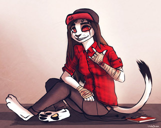 anthro bandage bandaged_arm black_nose black_pawpads black_tail blood bodily_fluids book bottomwear brown_bottomwear brown_clothing brown_hair brown_pants clothed clothing dipstick_tail female grin hair hat headgear headwear markings pants pawpads red_clothing red_eyes red_sclera red_topwear sharp_teeth simple_background sitting smile solo tail tail_markings teeth topwear white_body white_tail unknowhiter felid mammal 2015 full-length_portrait portrait signature