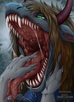 ambiguous_gender anthro bodily_fluids brown_hair claws drooling duo fangs forked_tongue glistening glistening_eyes green_eyes grey_body grey_claws hair horn mouth_play mouth_shot open_mouth pupils red_horn red_tongue saliva saliva_on_chin saliva_on_tongue saliva_string sharp_teeth slit_pupils solo_focus teeth tongue tongue_out santanahoffman 2023 artist_name dated hi_res